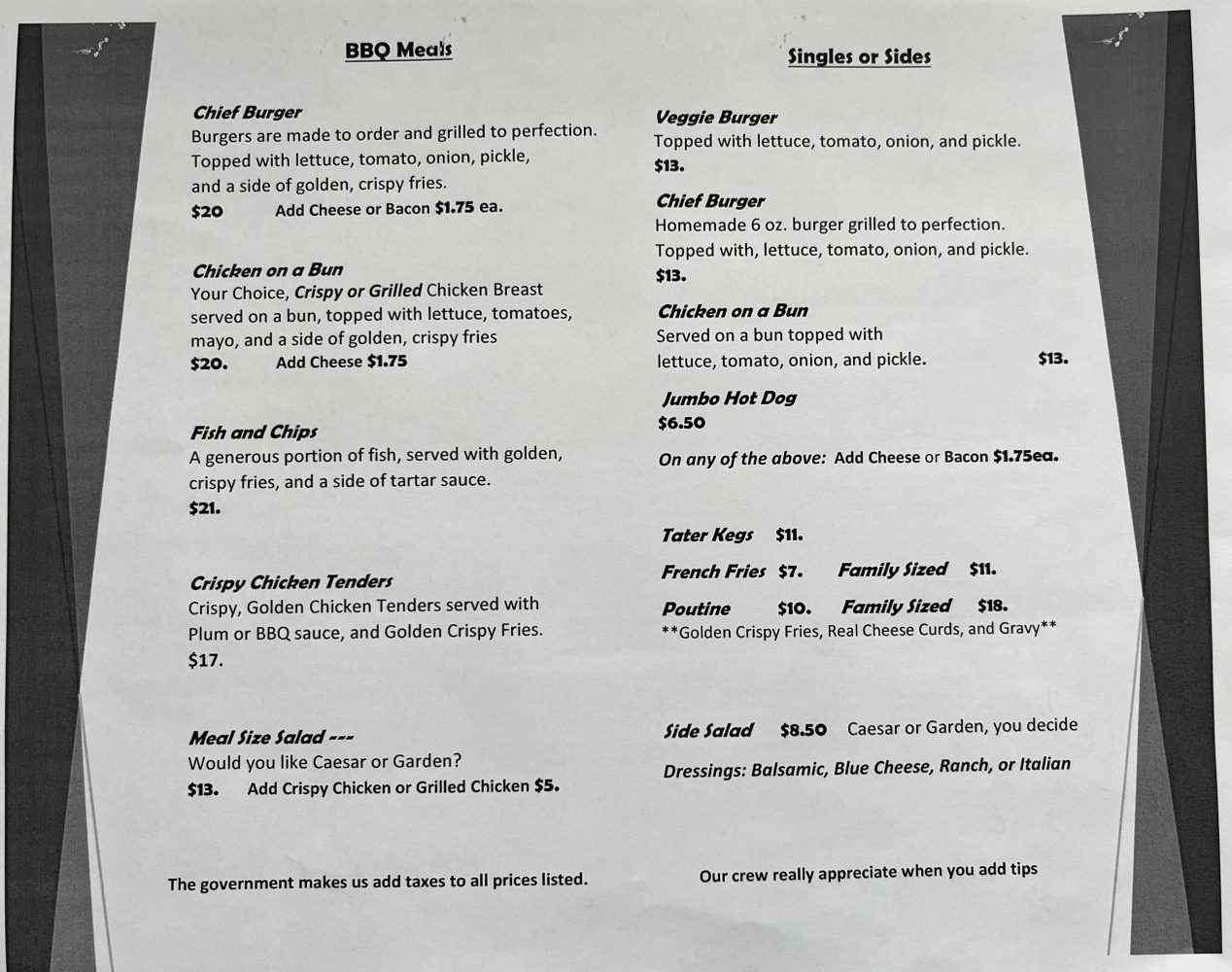 Printed BBQ menu on white paper with various meal options and prices.